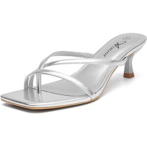 Athlefit Women's Silver Polyurethane Square Open Toe Kitten Heels Thong Sandals